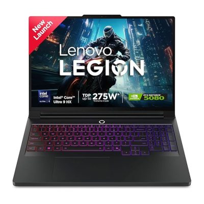 Legion pro 7 (83F500D9IN) Gaming Laptop (Intel® Core Ultra 9 275HX, 24C (8P + 16E) / NVIDIA® GeForce RTX™ 5080 16GB GDDR7 / Boost Clock 2287MHz, TGP 175W, 1334 AI TOPS / 2x 16GB CSODIMM DDR5-6400 / 1TB SSD M.2 2242 PCIe® 4.0×4 NVMe / 16″ WQXGA (2560×1600) OLED)